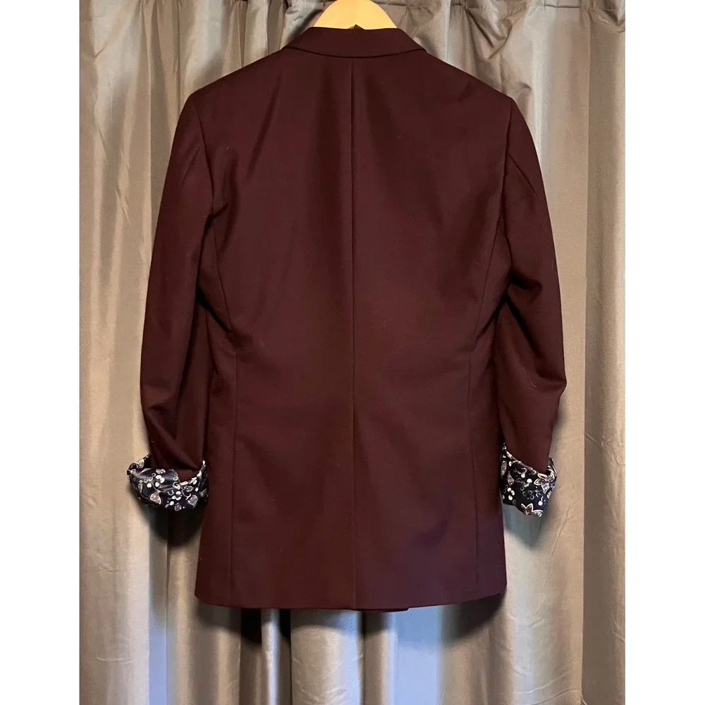 Indochino Double Breasted Blazer Mens 38 Burgundy Paisley Lining Peak Lapel